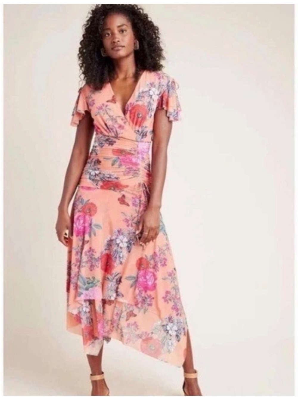 Anthropologie Peach Floral High-Low Wrap Dress